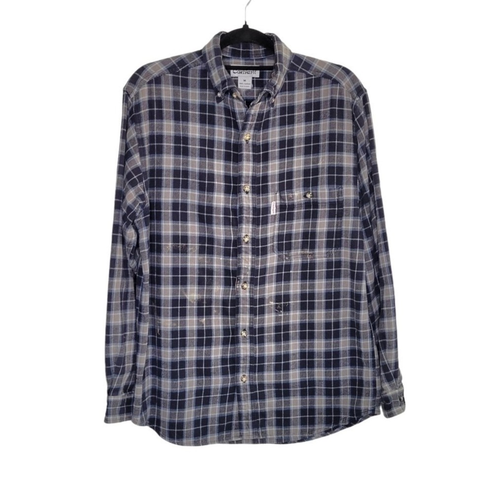 Carhartt Men's Button-Up Flannel Work Casual Shirt Size M Blue/Gray 100% Cotton